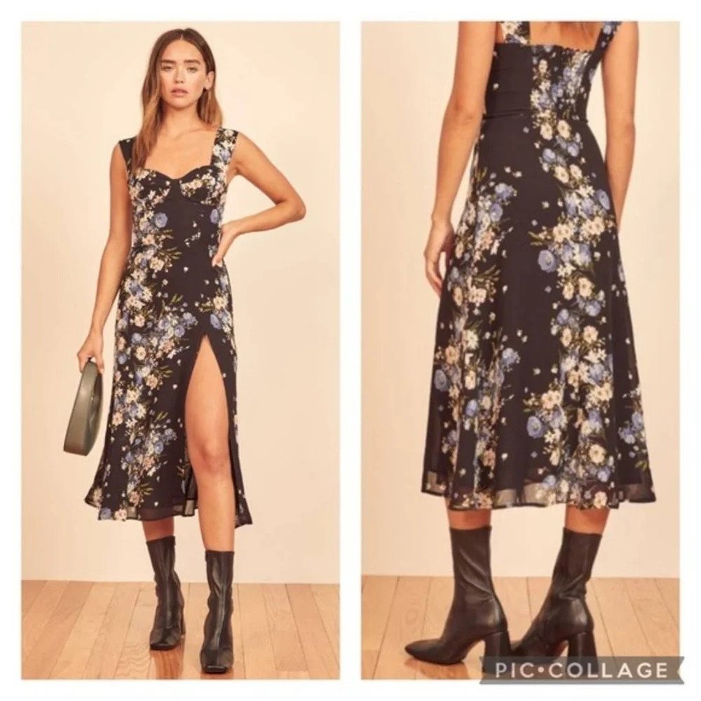 NWT Reformation Fulton Midi DressDark Floral Slit in Coronet Size 8